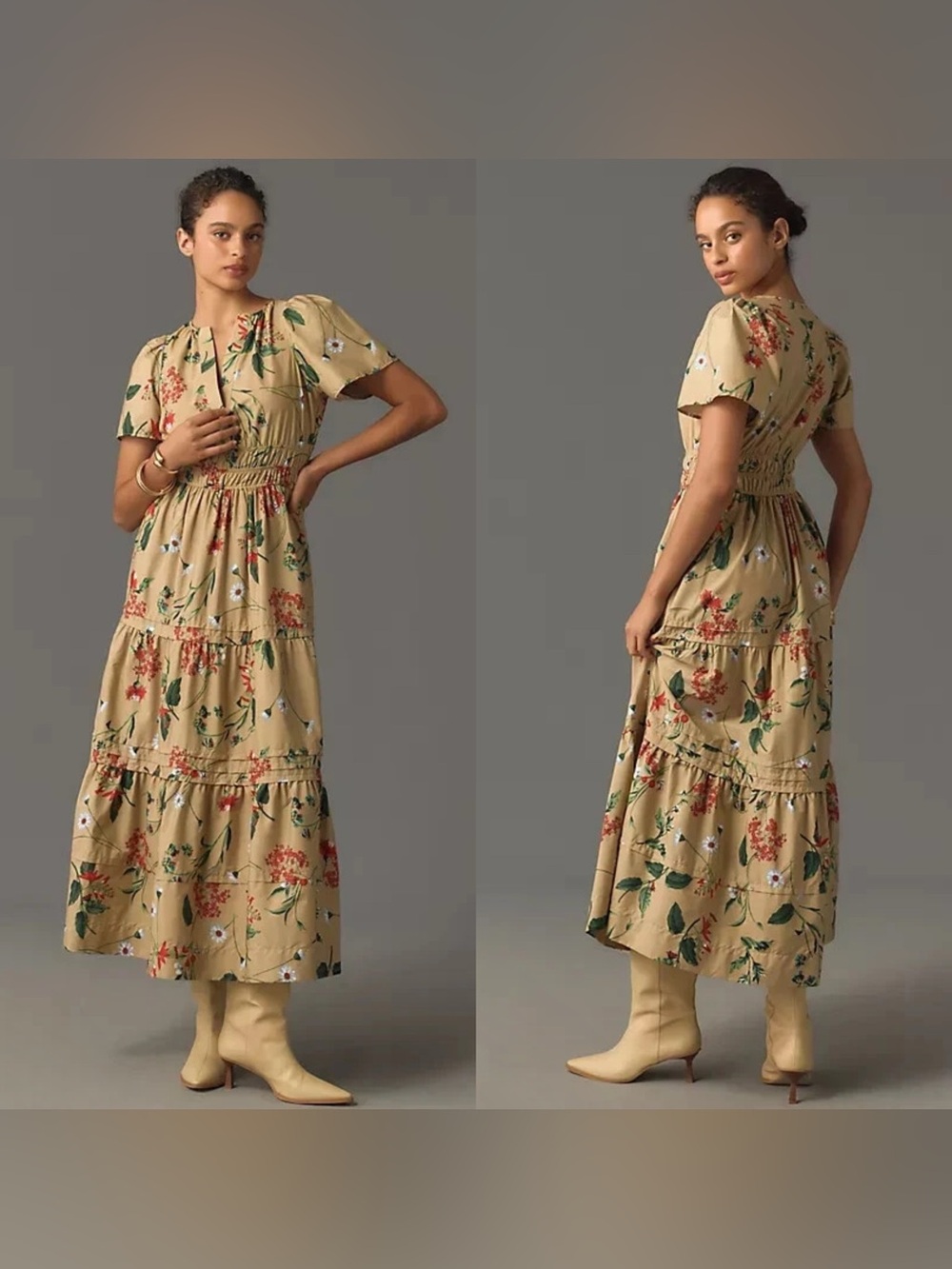 Anthropologie The Somerset Maxi Tiered Dress Khaki/Tan Floral Women’s Size Small